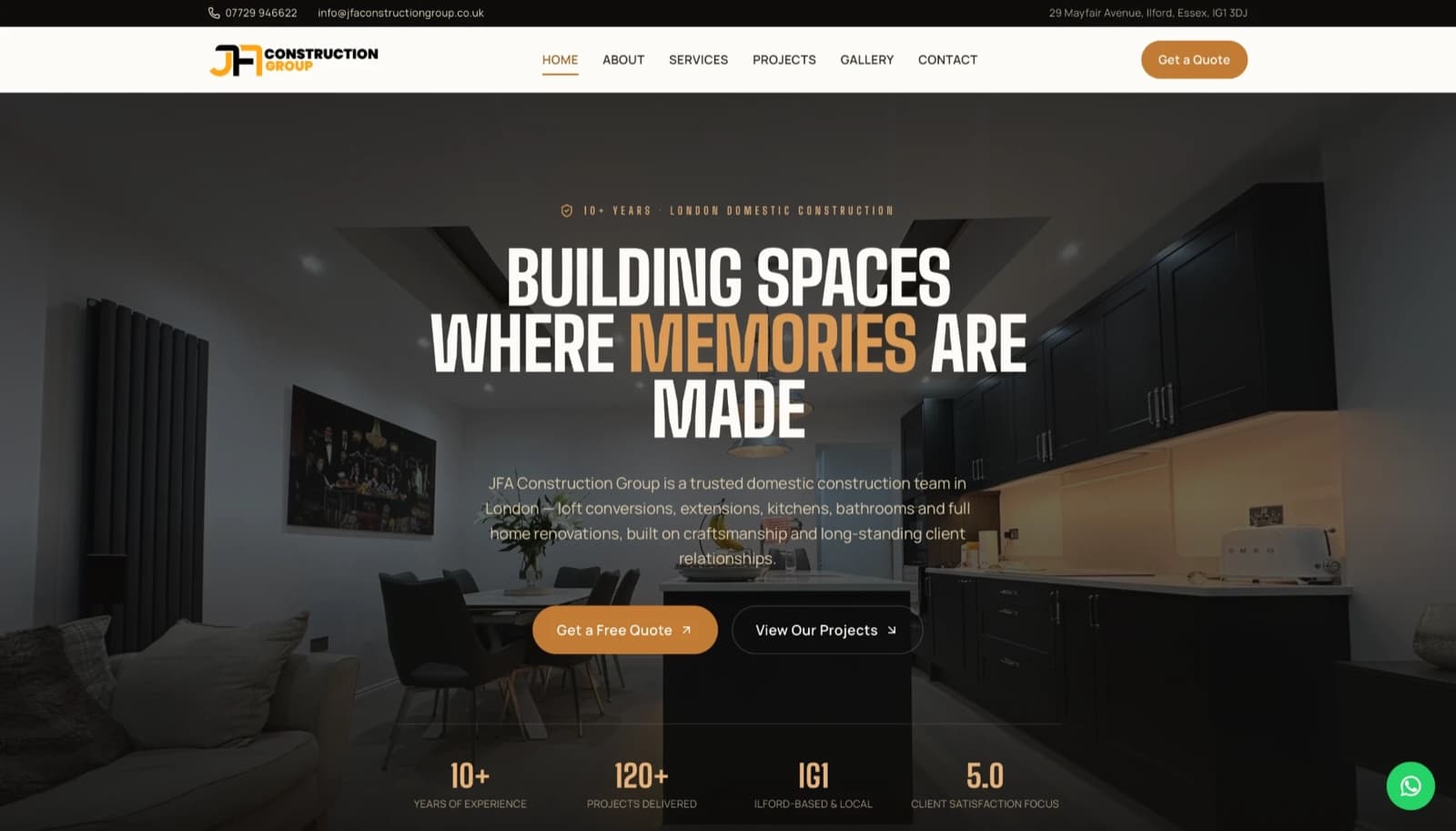 JFA Construction Group home page: a dark-kitchen hero reading Building spaces where memories are made